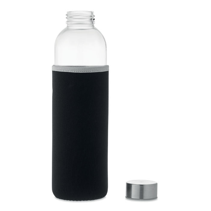 Branded glass bottle, open