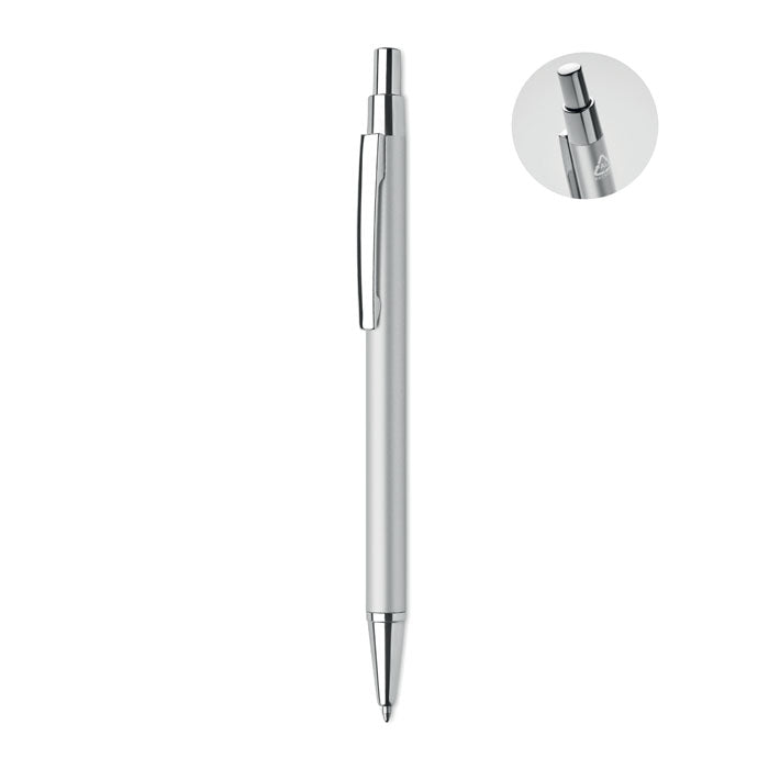 Branded Fine Barrel Recycled Aluminium Pen in Silver