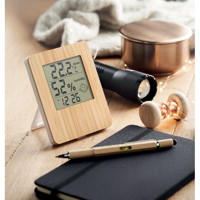 Branded Weather Station with Bamboo Front in use