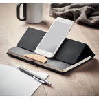 Branded A5 RPET Notebook with Bamboo Detail and Phone Stand in use