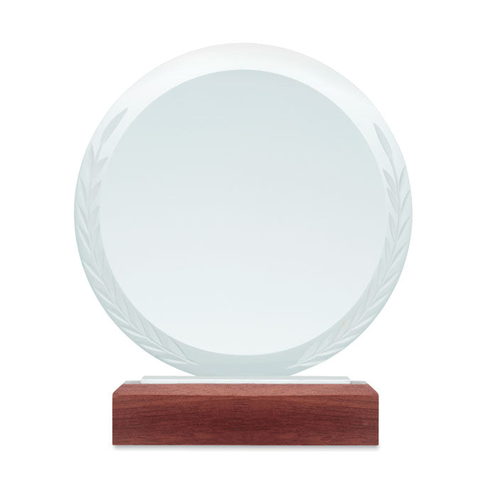 Branded Round Crystal and Beech Wood Award without branding