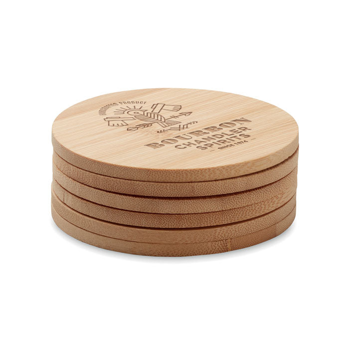 Branded Set of 6 Bamboo Coasters in Cotton Bag