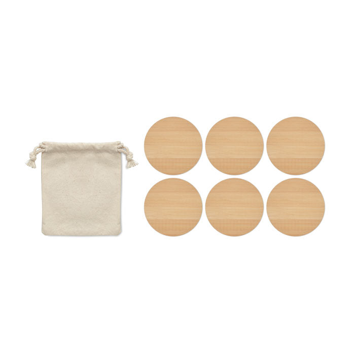 Branded Set of 6 Bamboo Coasters in Cotton Bag without branding
