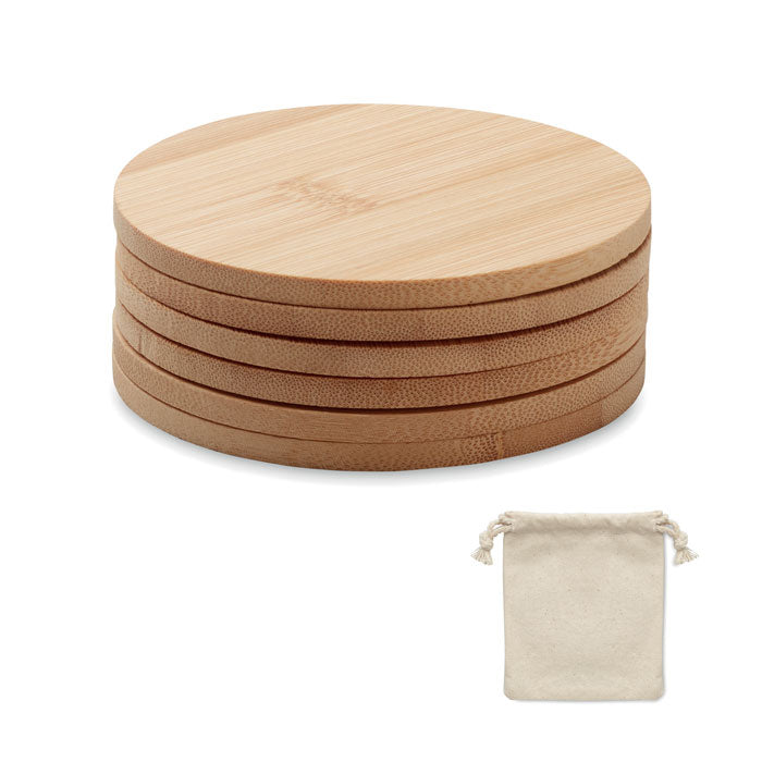 Branded Set of 6 Bamboo Coasters in Cotton Bag