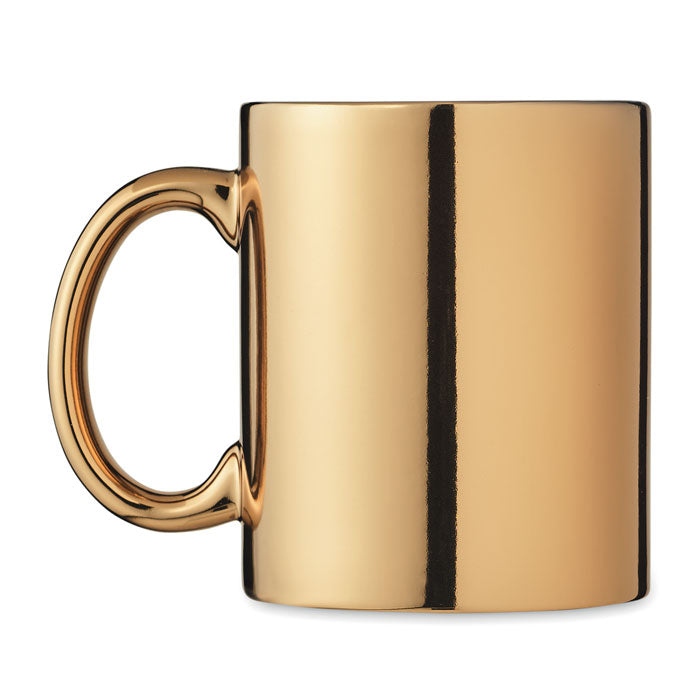 Branded metallic gold mug, side view