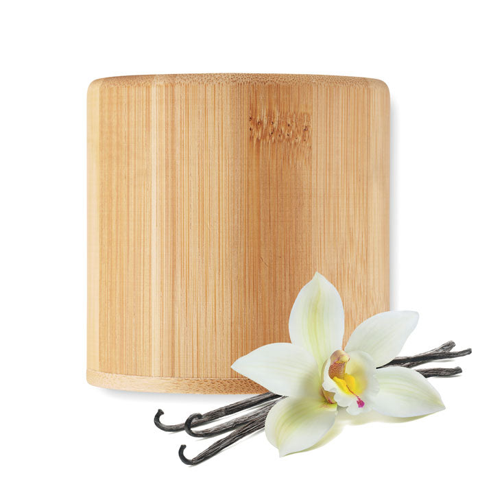 Branded Vanilla Plant Based Candle in Bamboo Holder 160g in use