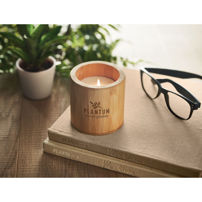 Branded Vanilla Plant Based Candle in Bamboo Holder 160g in use