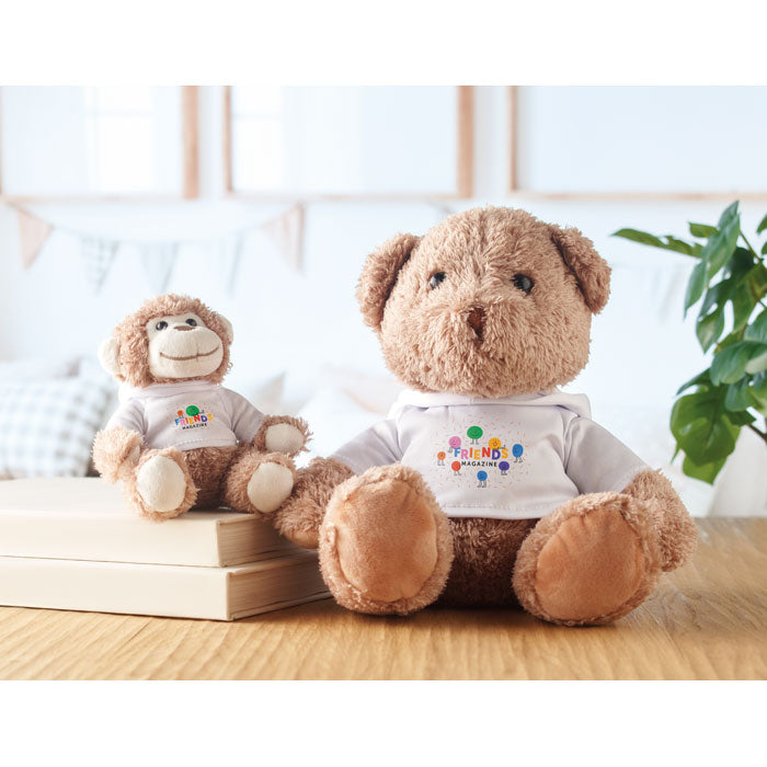 Branded Monkey Plush with Hoodie in use