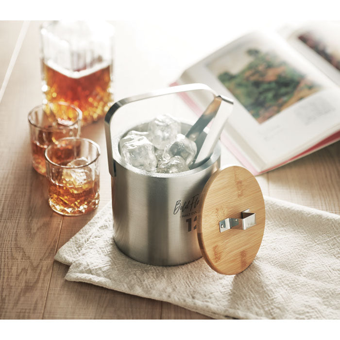 Branded Double Wall Ice Bucket 1.2L with Bamboo Lid in use
