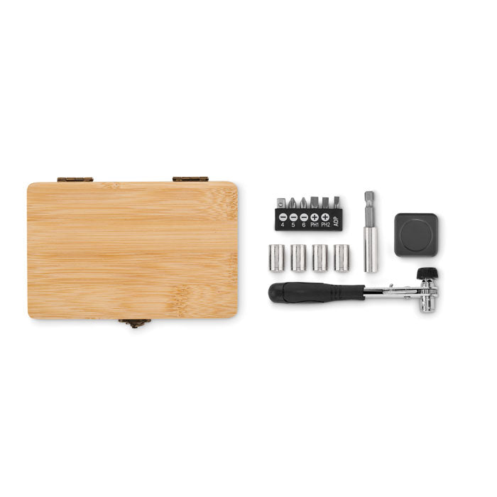 Branded 13 Piece Tool Set in Bamboo Case without branding