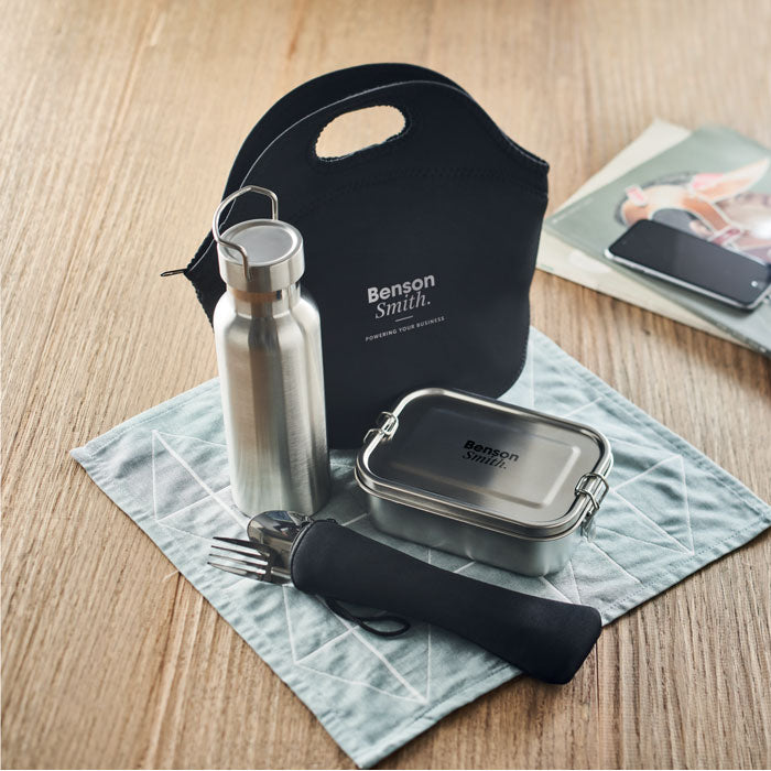 Branded bottle, lunch box and cutlery set, in use