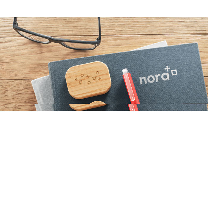 Branded Wireless Stereo Earbuds in Bamboo Case in use