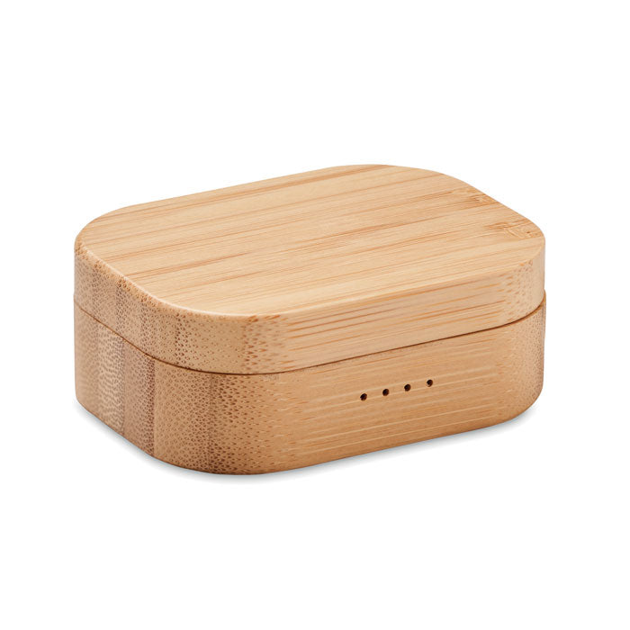 Branded Wireless Stereo Earbuds in Bamboo Case without branding