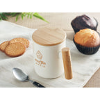 Branded porcelain mug with bamboo lid, in use