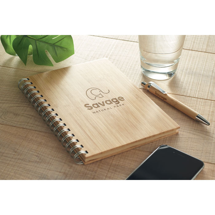 Branded A5 Ring Bound Bamboo Cover Notebook in use