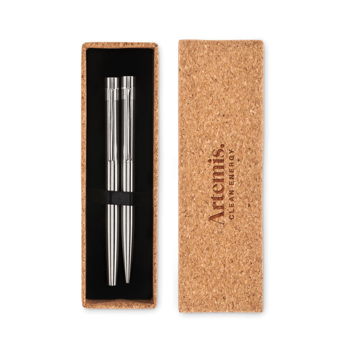 Branded Recycled Steel Pen and Roller Set in Cork Box