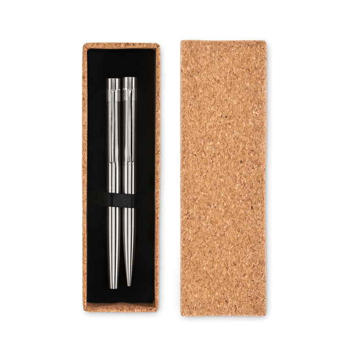 Branded Recycled Steel Pen and Roller Set in Cork Box without branding