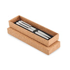 Branded recycled steel pen and roller set in cork box