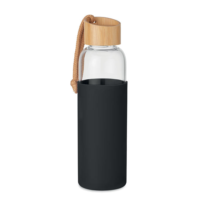 Branded Glass Bottle with Silicone Pouch and Wrist Loop in Black