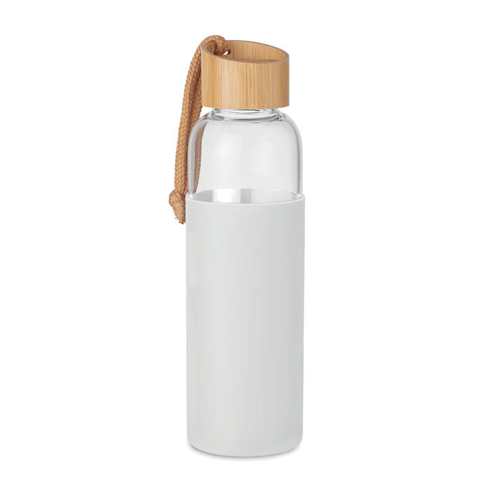 Branded Glass Bottle with Silicone Pouch and Wrist Loop in White