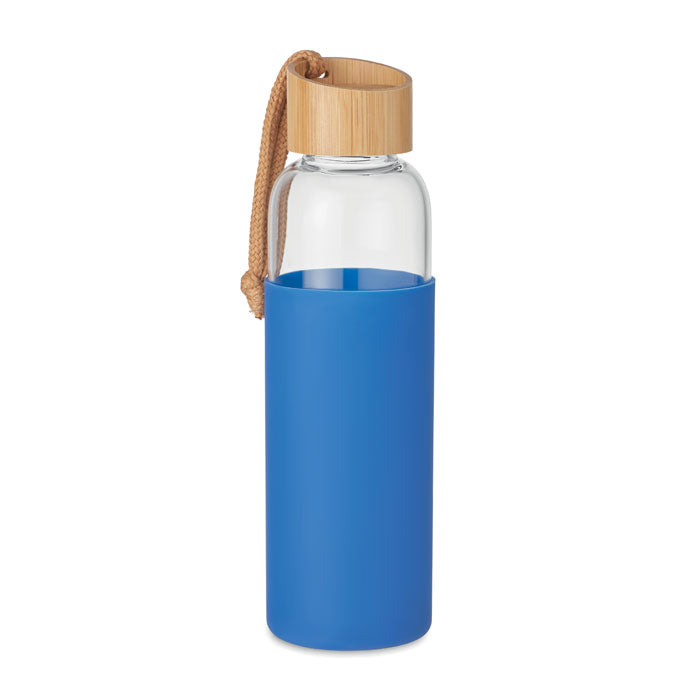Branded glass bottle with silicone pouch and wrist loop
