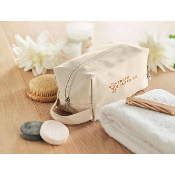 Branded Organic Canvas Cosmetic Bag 220gsm in use