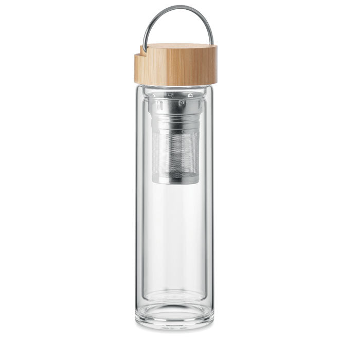 Branded double wall glass bottle with tea infuser