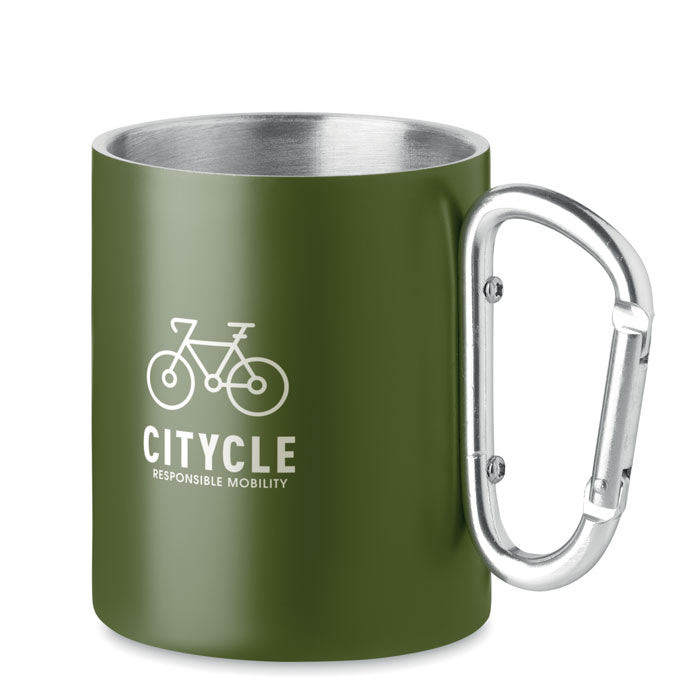 Branded Double Wall Mug with Carabiner Handle - 300ml in Green