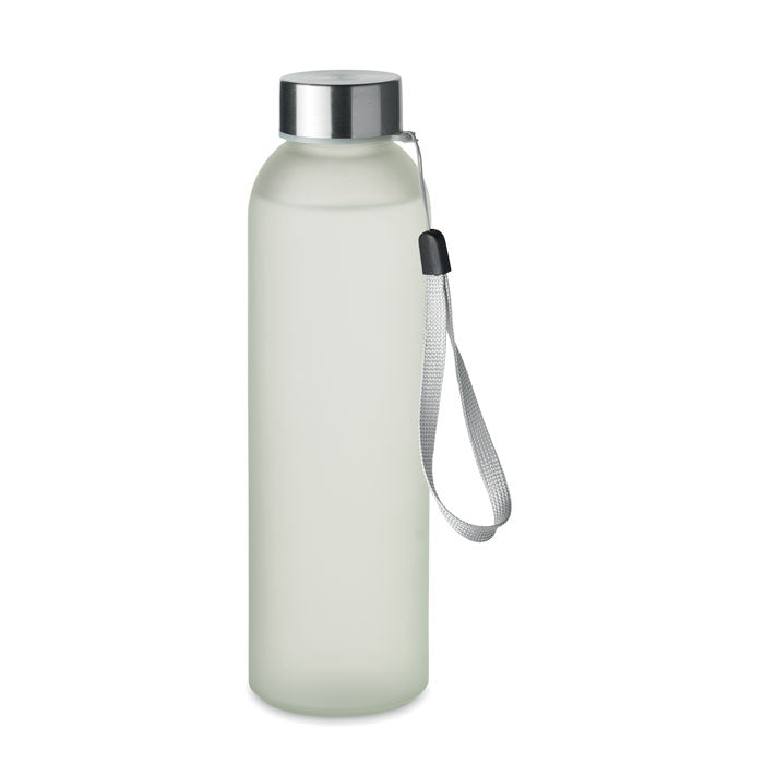 Branded glass bottle, open