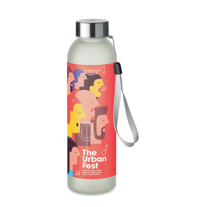 Branded Glass Bottle with Steel Lid and Strap
