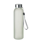 Branded glass bottle with steel lid and strap