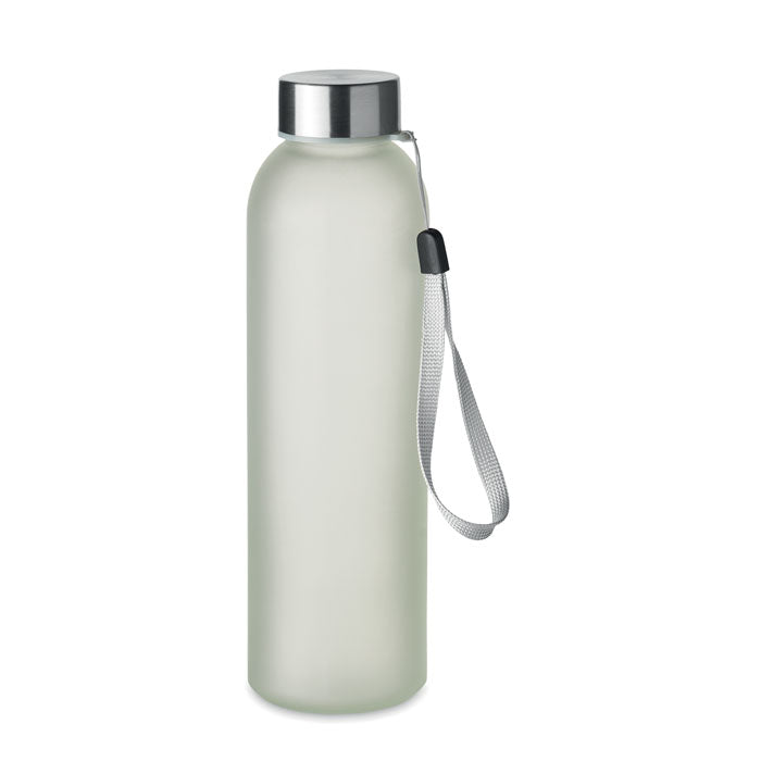 Branded glass bottle with steel lid and strap