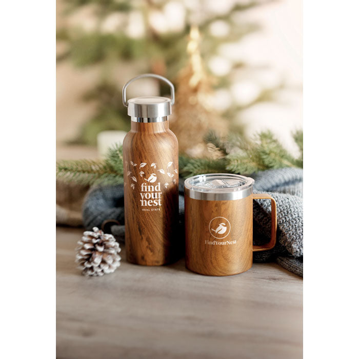 Branded Vacuum Bottle with Wood-Look Lid in use