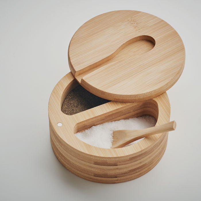 Branded Bamboo Salt and Pepper Box with Spoon without branding