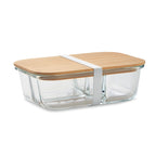 Branded 3 Compartment Glass Lunch Box with Bamboo Lid without branding