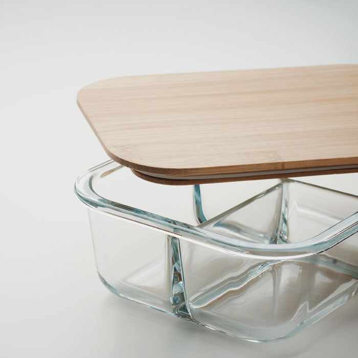 Branded 3 Compartment Glass Lunch Box with Bamboo Lid without branding