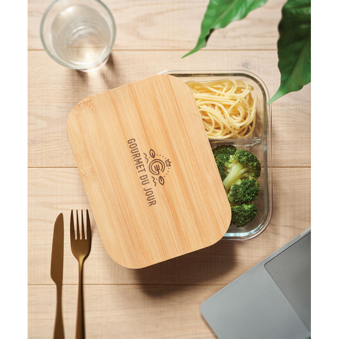 Branded 3 Compartment Glass Lunch Box with Bamboo Lid in use