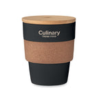 Branded Tumbler with Cork Sleeve and Bamboo Lid in Black