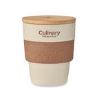 Branded tumbler with cork sleeve and bamboo lid, printed