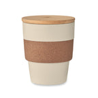 Branded tumbler with cork sleeve and bamboo lid