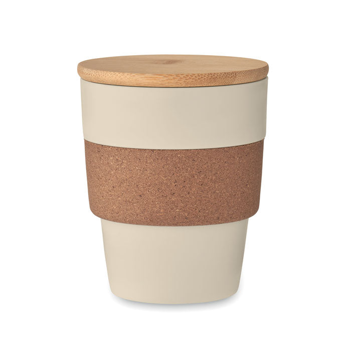 Branded tumbler with cork sleeve and bamboo lid