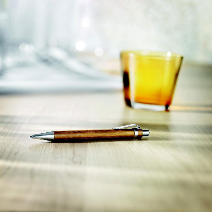 Branded Bamboo Ball Pen with Chrome Fitting in use