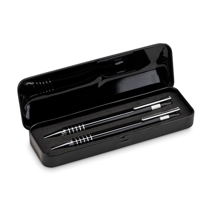 Branded aluminium pen and pencil set in metal box