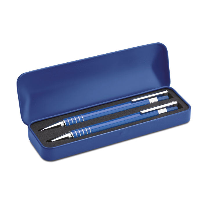 Branded Aluminium Pen and Pencil Set in Metal Box in Blue
