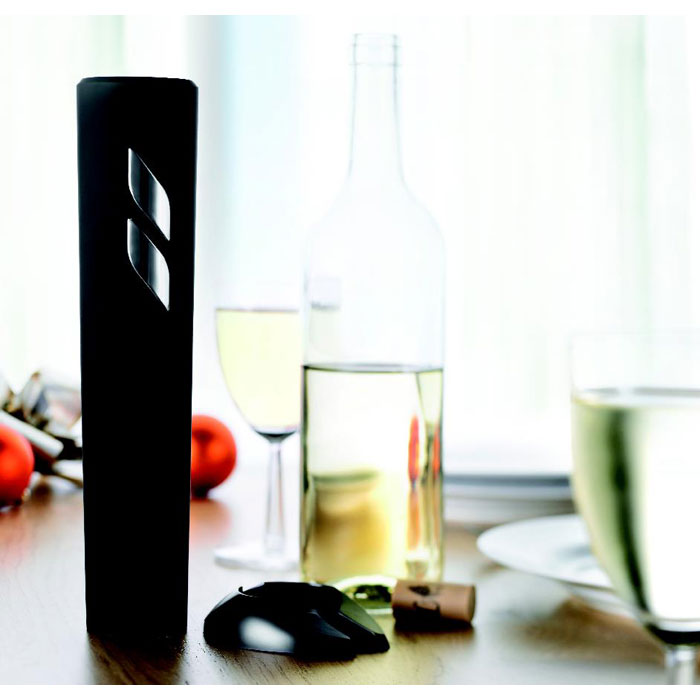 Branded Electric Bottle Opener with Foil Cutter Stand in use