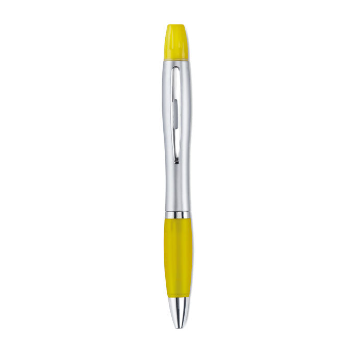 Branded 2-in-1 Pen and Highlighter - Silver Satin in Yellow