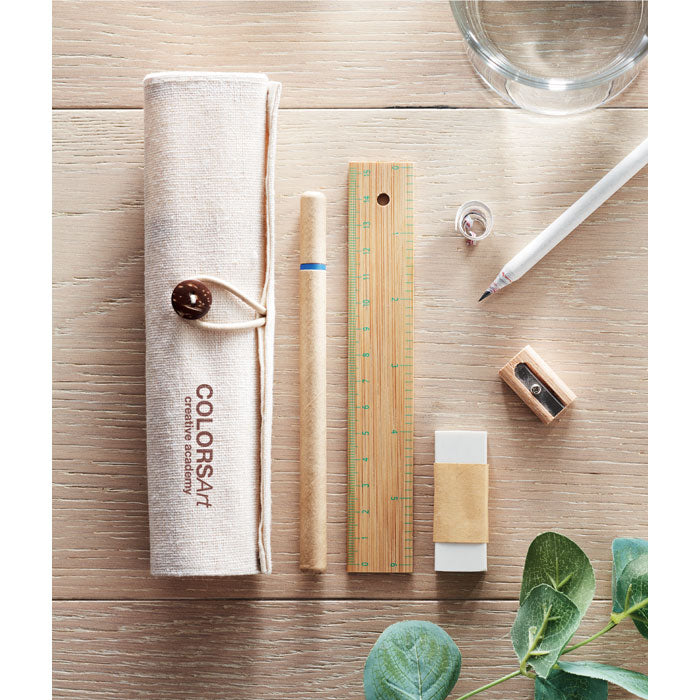Branded Wooden Stationery Set in Cotton Pouch in use
