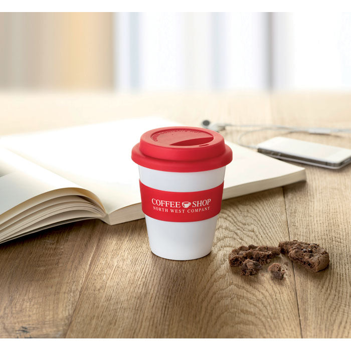 Branded PP tumbler with silicone lid and ring, printed