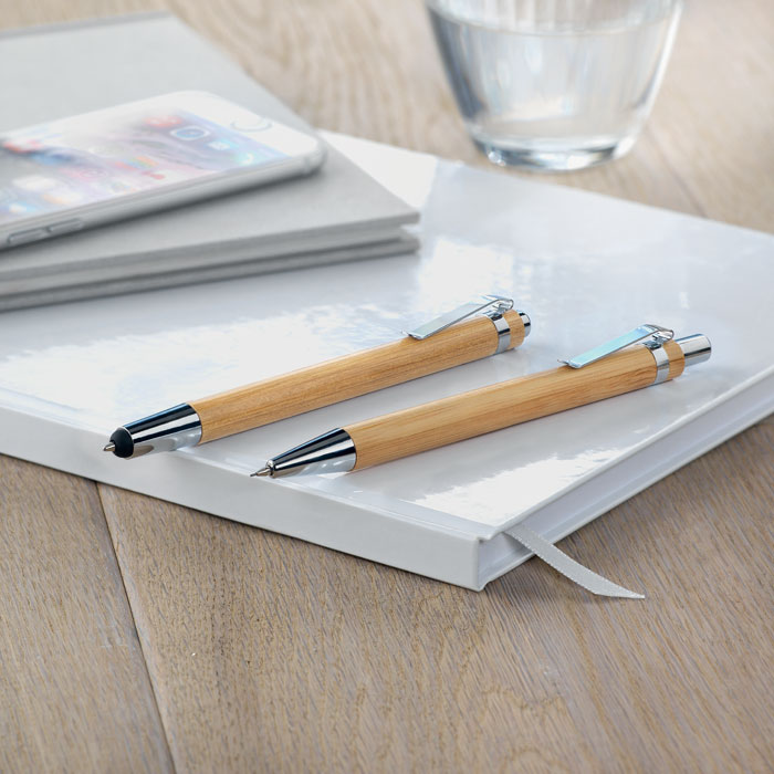 Branded Bamboo Stylus Pen and Pencil Set in use