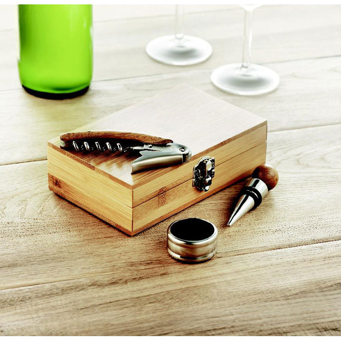 Branded Bamboo Box Wine Set with Corkscrew in use